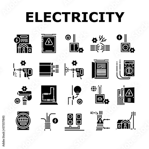 Electrical Installation Tool Icons Set Vector. Socket And Substation Automation Box Installation, Wall Chipping And Drilling For Wiring Glyph Pictograms Black Illustrations