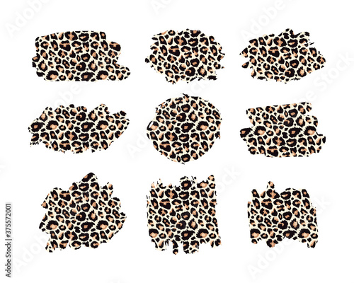 Hand drawn vector leopard pattern textured ink brush strokes, black paint spot set with leo texture. Animal paint smears artistic backgrounds. Stains shapes and silhouettes design element