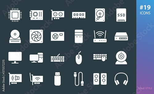 PC Hardware solid icon set. Set of computer cpu, mainboard, ram, hdd, ssd, webcam, gpu, monitor, display, pc system case, wi fi router, pci sound card, flash drive, cable, speakers glyphs vector icons