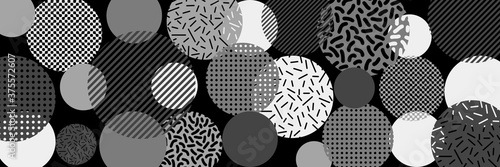 Abstract vector background, banner. Irregular circles of different sizes. Shades of gray.