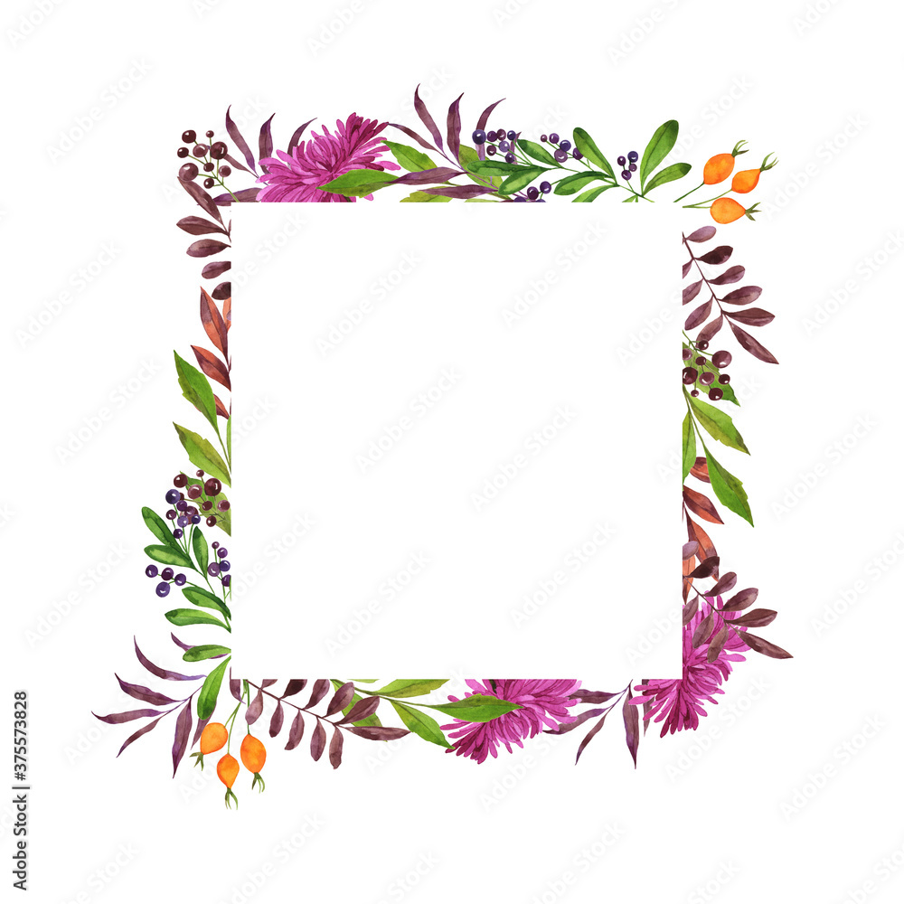 Purple flowers and green and violet leaves frame on white background. Hand drawn watercolor illustration.