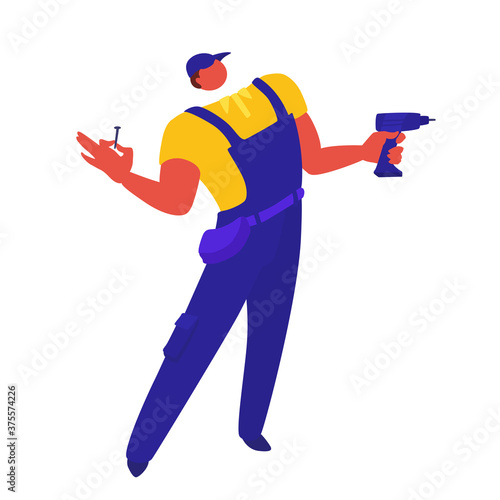 A handyman, repairman, manual worker. A man holds a cordless screwdriver and a screw. A vector craftsman cartoon character. A workman illustration isolated on a white background.