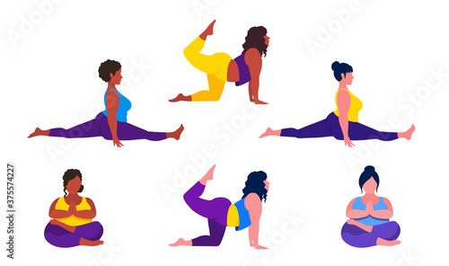 Plus size young women doing fitness, pilates, yoga, forward split. Body love lifestyle healthcare illustration. An overweight woman stretching. Lotus namaste asana. Isolated on a white background.