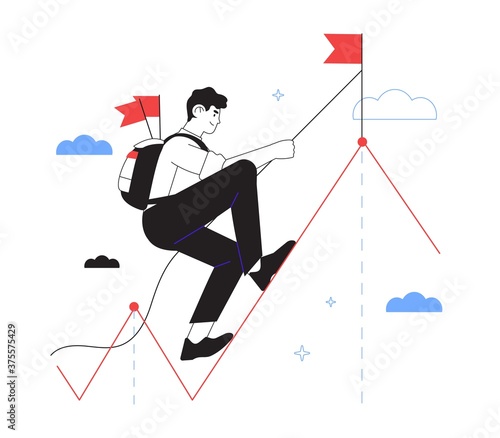 Businessman reaches new hights and achievement in business and career. Character climb up metaphoric mountain. Leadership, success, statistic, income and company growth concept for web or ui design.