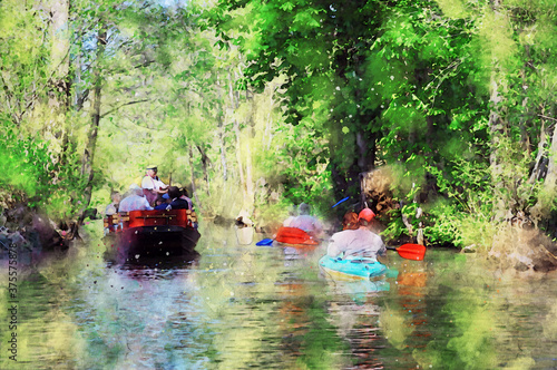 Digital watercolor illustration of Spreewald forest in Brandenburg Germany. Touristboats in channel of village Lehde.