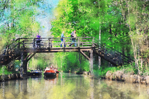 Digital watercolor illustration of Spreewald forest in Brandenburg Germany. Tourist boat in channel and people walking over a bridge.
