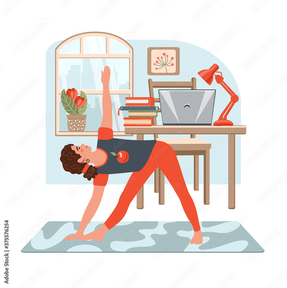 Girl doing yoga at home in child room. Online education concept. Girl studying at home and doing exercises. Illustration for yoga and healthy lifestyle. Vector illustration in flat cartoon style.