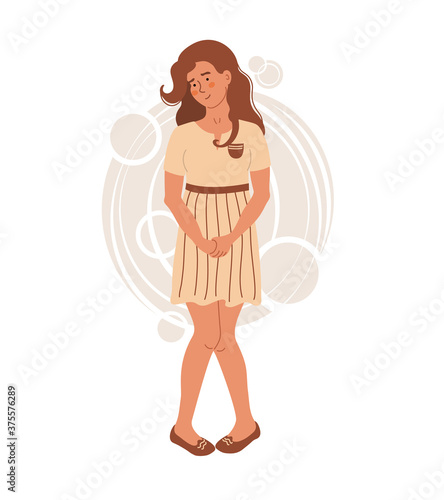 Young woman wants to pee. People in uncomfortable situations. Vector illustration drawing in flat style.