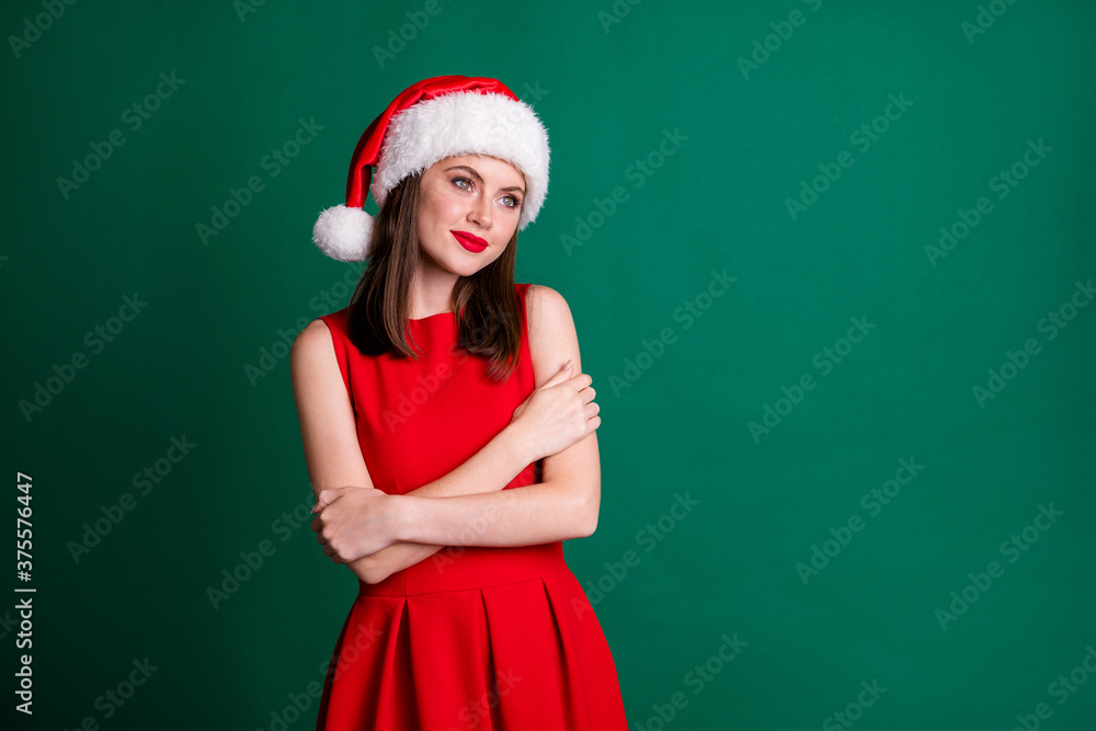 Photo of attractive cute lady model newyear party 2021 midnight hug herself watch fireworks magic wear santa cap red mini dress snow girl costume isolated green pastel dark color background Photo of attractive cute lady model newyear party 2021 midnight hug herself watch fireworks magic wear santa cap red mini dress snow girl costume isolated green pastel dark color background