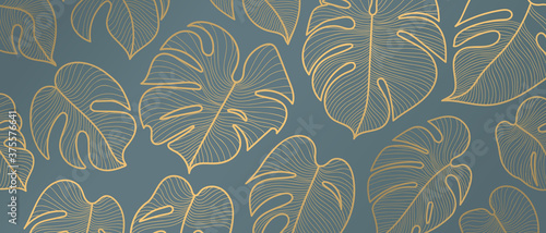 Luxury golden art deco wallpaper. Nature background vector. Floral pattern with golden split-leaf Philodendron plant with monstera plant line art on green emerald color background