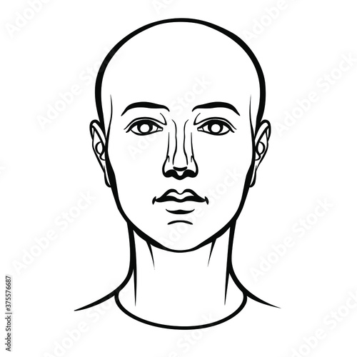 Hand drawn model of androgynous human head in face. Black and white outline vector drawing isolated on white background.