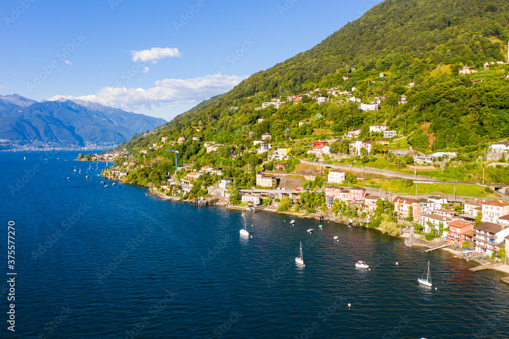 Picturesque landscape of Lago Maggiore, large lake located on south side of Alps between Switzerland and Italy