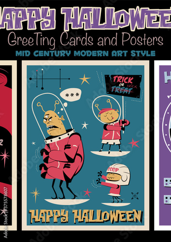 Halloween Funny Illustrations, Space Scenes, Space Monsters and Human, Alien Family, Trick or Treat!