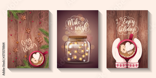 Set of cards for Merry Christmas and Happy New Year. Coffee mug on wooden background. Jar with garland inside. Hands in mittens with mug. Vector illustration for poster, banner, card, cover, postcard.