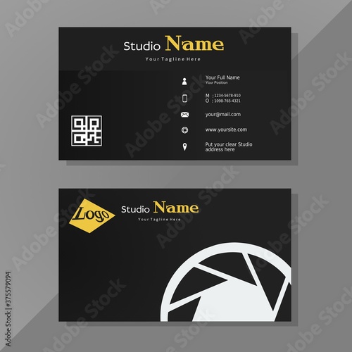 Vector graphics of business card with QR code in modern style in black, yellow and white. Perfect to use for movie maker studio