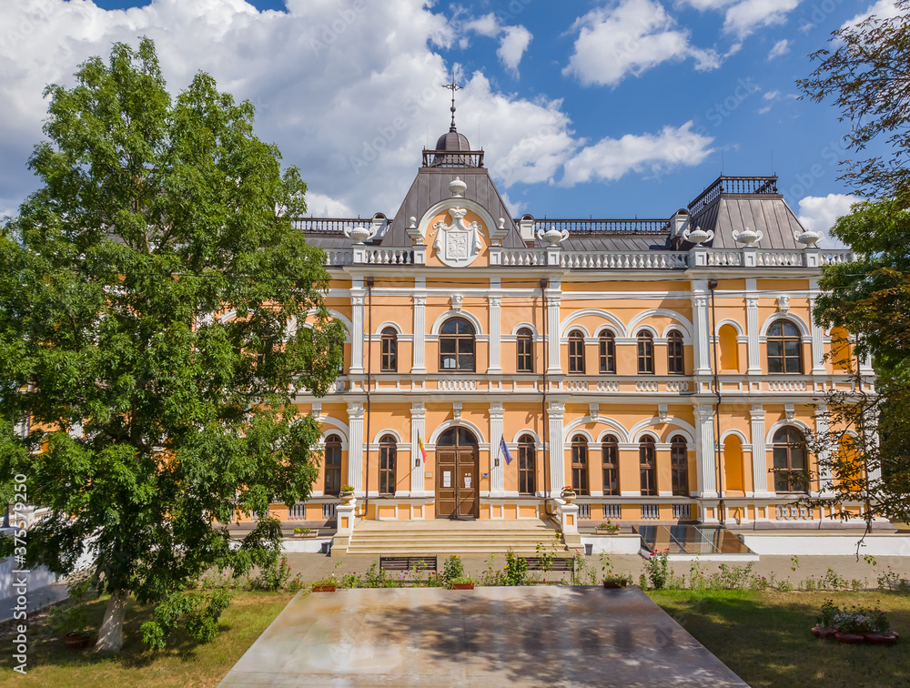 The Manuc Bei mansion, an architectural, culture and historic complex with museum, winery and other edifices located in Hincesti city, Moldova. Manuc Bey palace facade and yard in a sunny summer day.