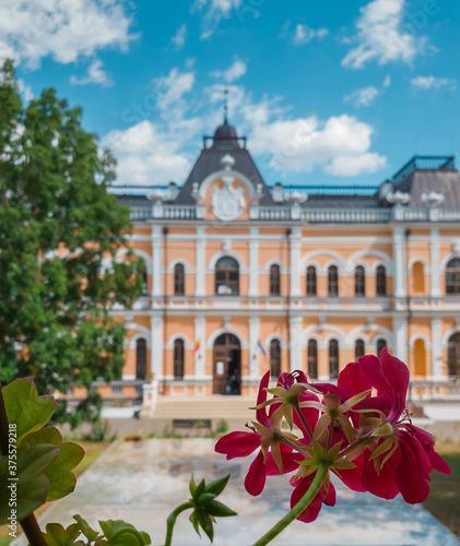 Close up of red flowers over the Manuc Bei mansion background. An architectural, culture and historic complex and museum, at Hincesti, Moldova. Manuc Bey palace facade and yard in a sunny summer day.