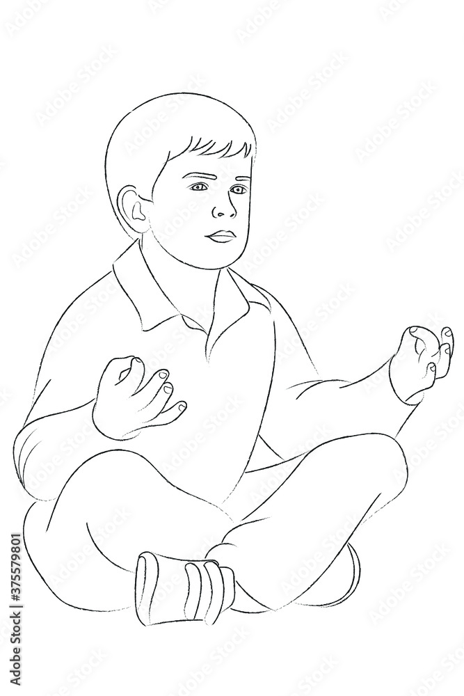 Sketch portrait of a boy who sits in lotus position and shows OM sign with his hands