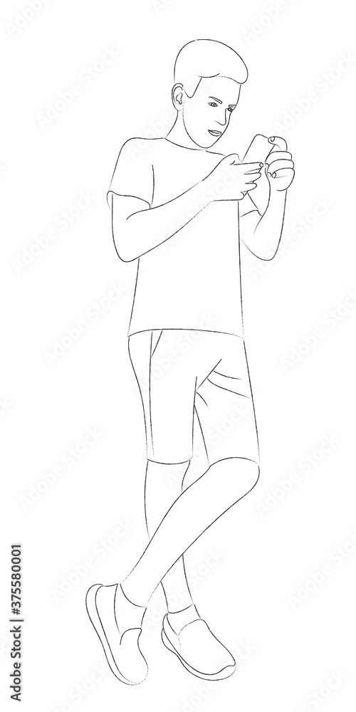 Sketch portrait of a guy who stands with a phone in his hands Sketch portrait of a guy who stands with a phone in his hands