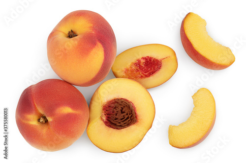 ripe peach isolated on white background with clipping path. Top view. Flat lay pattern