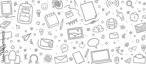 Abstract pattern with school supplies. Back to school. Education concept. Black and white illustration