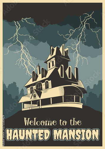 House with the Ghosts, Storm, Lightnings, Forest Background, Halloween Illustration 