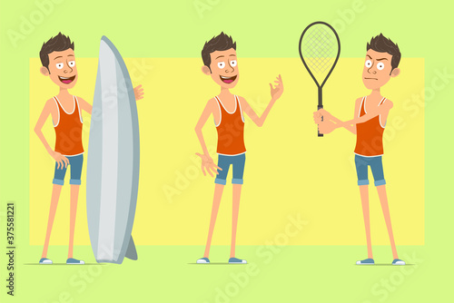 Cartoon flat funny man character in singlet and shorts. Boy holding tennis racket and surfboard. On yellow background.