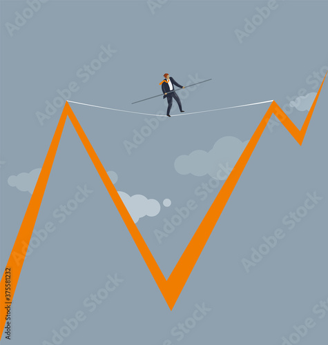 Tightrope walker bussines man walking on a tightrope between stock chart peaks design concept. 