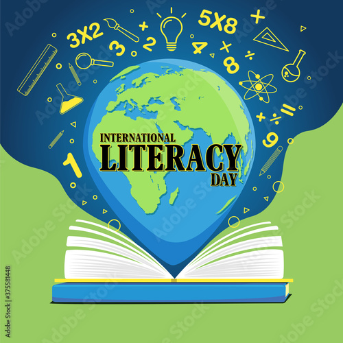 International literacy day flat illustration with the world with open books 