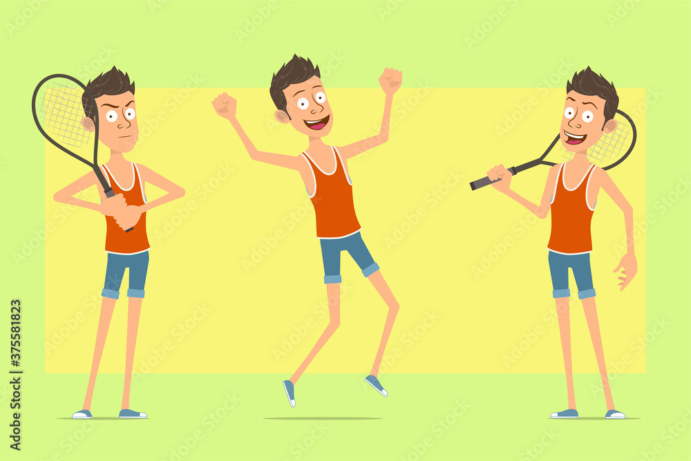 Cartoon flat funny man character in singlet and shorts. Boy jumping, standing and playing with tennis racket. On yellow background. Cartoon flat funny man character in singlet and shorts. Boy jumping, standing and playing with tennis racket. On yellow background.