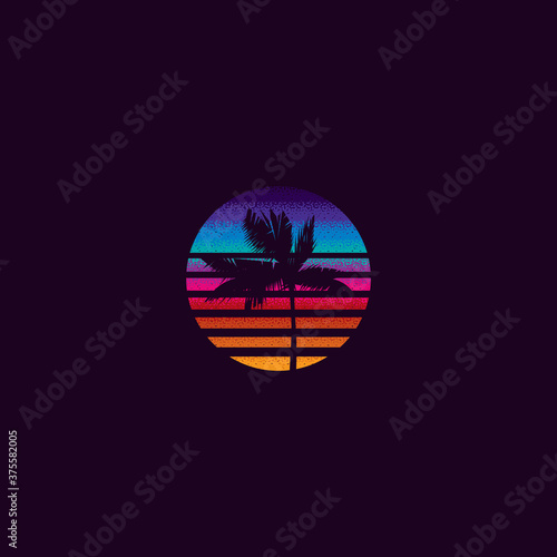 Vintage vector illustration. Palm tree on the background of a sunset in the retro style of the 80's. t-shirt design.