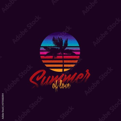 Vintage vector illustration. Palm tree on the background of a sunset in the retro style of the 80's. t-shirt design.