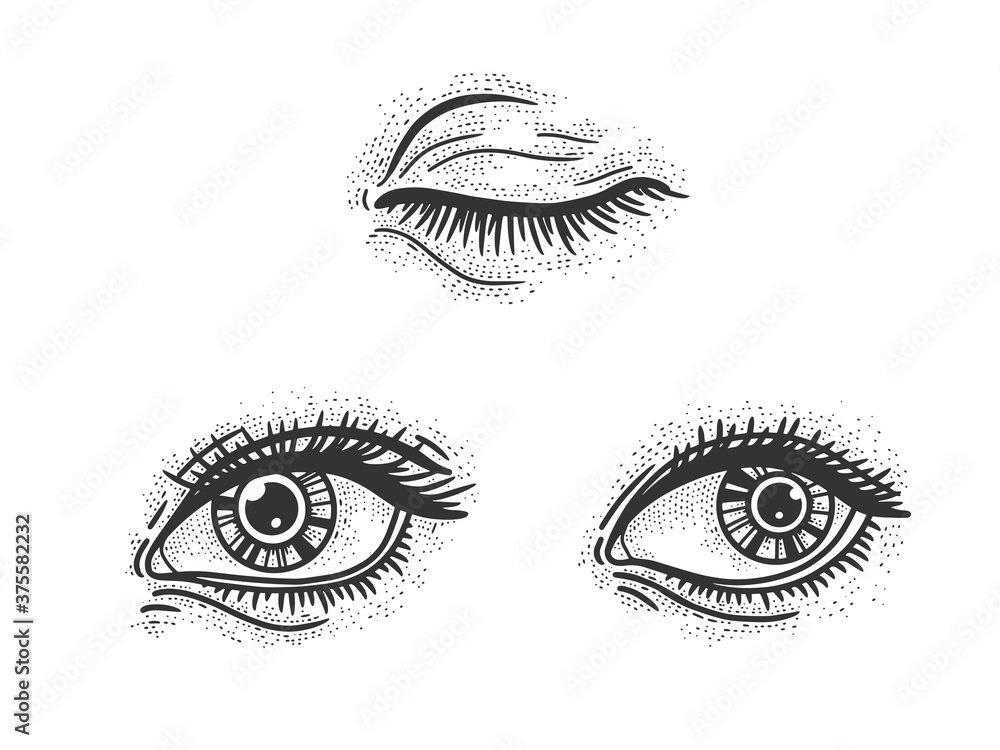 Woman eyes set sketch engraving vector illustration. T-shirt apparel print design. Scratch board imitation. Black and white hand drawn image. Woman eyes set sketch engraving vector illustration. T-shirt apparel print design. Scratch board imitation. Black and white hand drawn image.