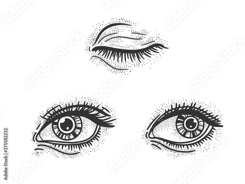 Woman eyes set sketch engraving vector illustration. T-shirt apparel print design. Scratch board imitation. Black and white hand drawn image.