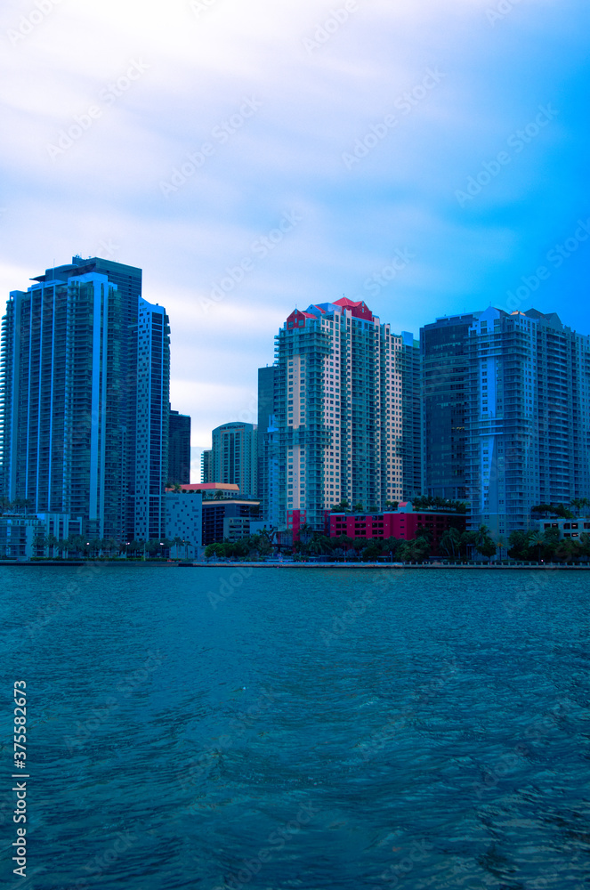 Evening view of Brickell the city that is considered the financial center in Miami, Florida,  Miami's financial center, Urban neighborhood, View of city, View of city in Miami, Wide angle shot of city