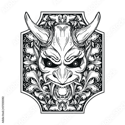 tattoo and t-shirt design black and white hand drawn oni mask in frame engraving ornament premium vector