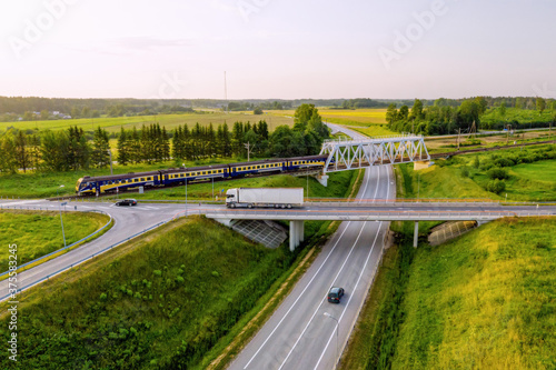 aerial top view of a multi-level highway and railroad crossing, Skulte, Latvia photo