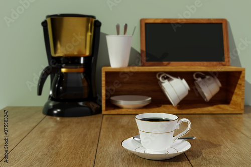 Black coffee in a white ceramic mug with gold rim and saucer. Blur Black and gold espresso machine and Coffee cup storage on Wooden table and mountain view. 3D Rendering
