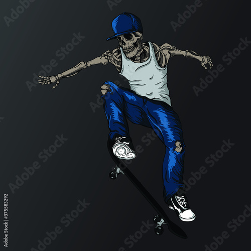 artwork illustration and t-shirt design skeleton skateboarder  premium vector