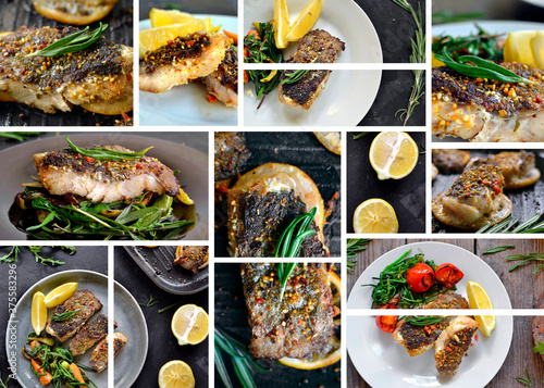 Food collage, food banner, cover for menu. Grilled fish fillet. Fried fish with lemon and rosemary. Rucolla salad.