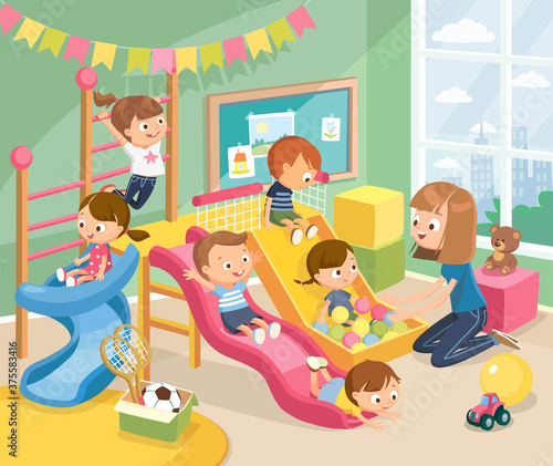 Children playing having fun, fooling around in fine good mood, on playroom, playground go down slide, hanging on ladder. Vector illustration. Flat design.