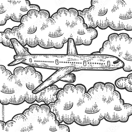Plane is flying in thick clouds. Sketch scratch board imitation.