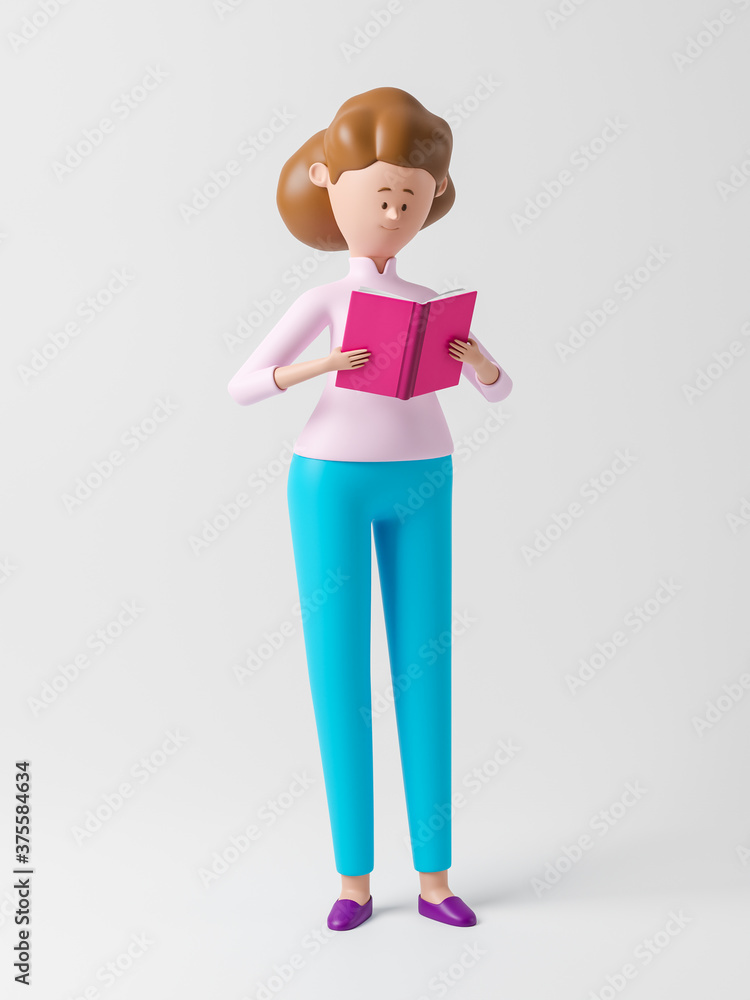 Cartoon character woman reading a book. 3d rendering