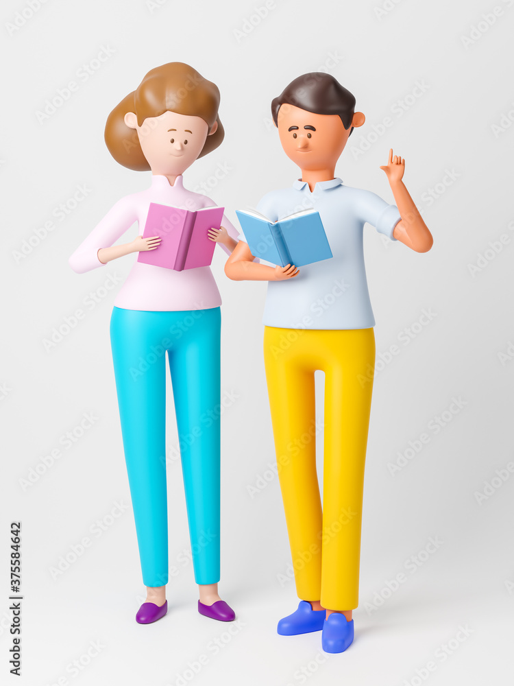 Cartoon characters man and woman reading a book. 3d rendering Cartoon characters man and woman reading a book. 3d rendering