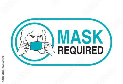 Mask required warning prevention sign - woman head with face mask in rounded rectangular frame - isolated vector information picture