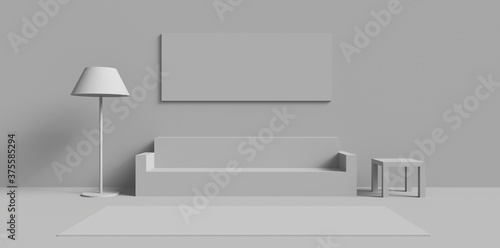 3D illustration of a stylized interior lounge scene with geometric shapes in grey