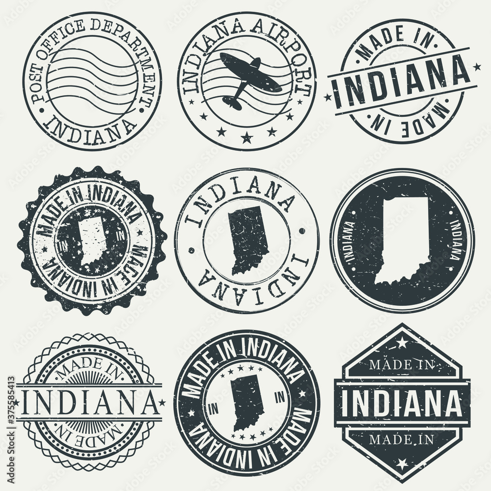 Obraz premium Indiana Set of Stamps. Travel Stamp. Made In Product. Design Seals Old Style Insignia.