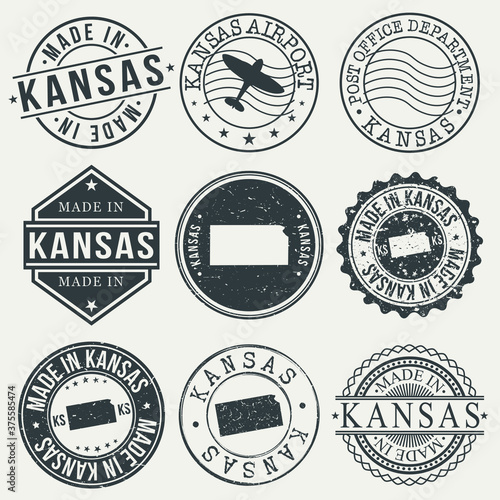 Kansas Set of Stamps. Travel Stamp. Made In Product. Design Seals Old Style Insignia.