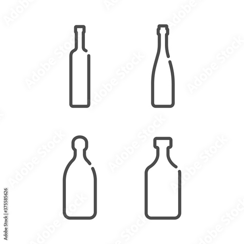 Vodka red wine tequila rum. Bottle in flat style on white background. Simple template design. Set beverage icon design. Isolated illustration outline object. One line symbol of an alcoholic drink