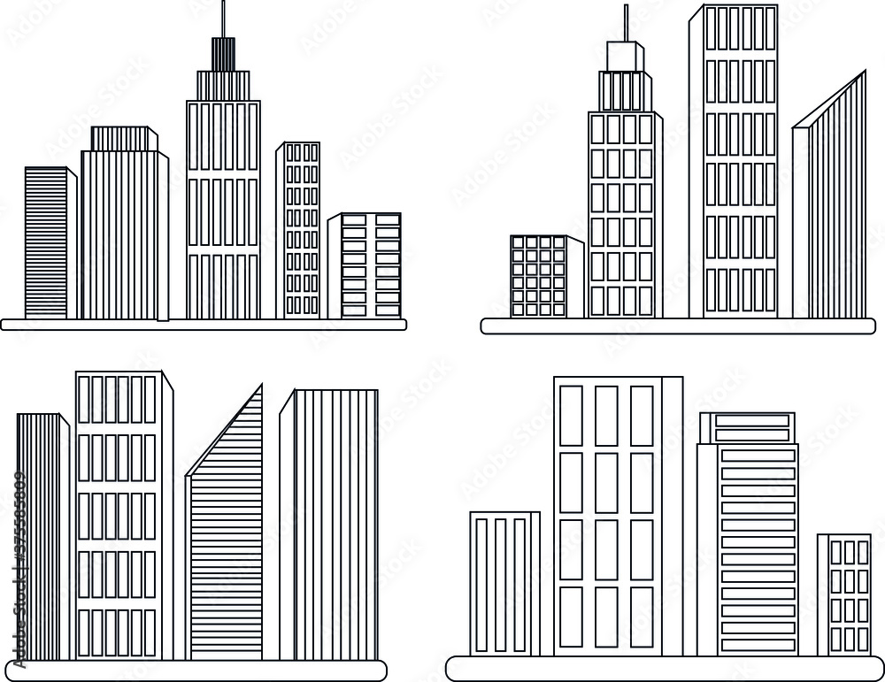 City silhouette icons. Black and white outlines set collection. Offices apartments.